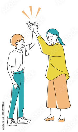 親子でハイタッチする日本人ファミリーイラスト｜喜び・成功・成長