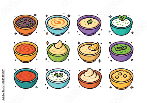 Mediterranean Dip Icons. Mediterranean Dips. Colorful isometric