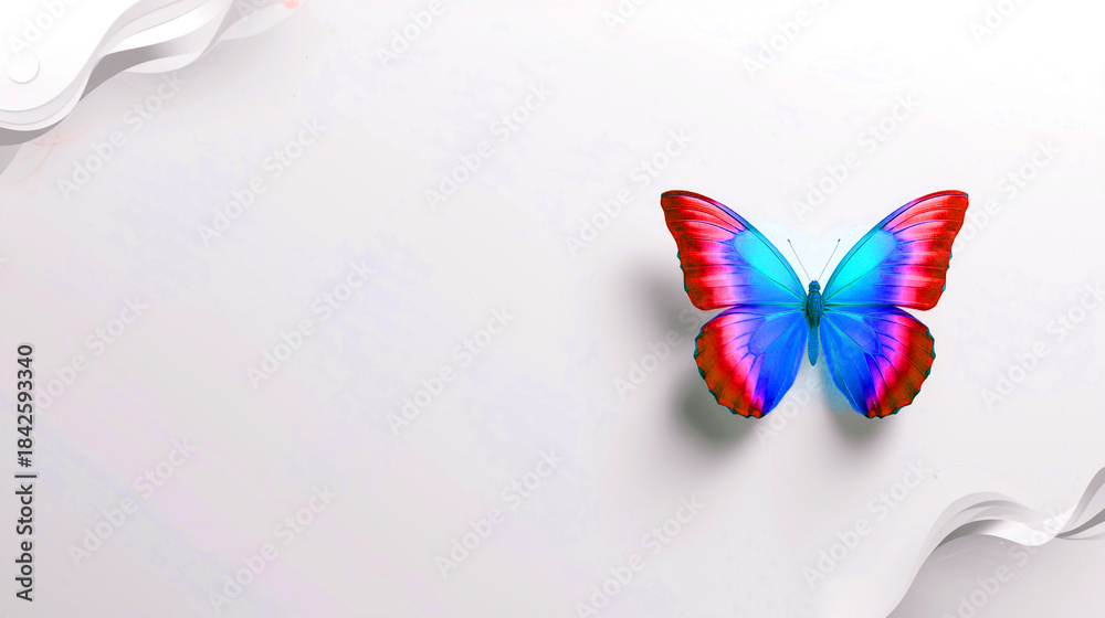 Obraz premium Zero discrimination day concept. Colorful Winged Butterfly Against a Soft White Minimalist Abstract Background