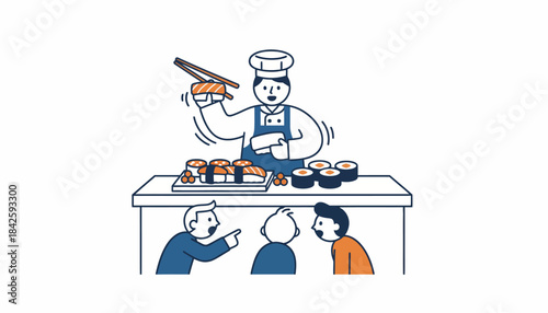 A stand specializing in exotic sushi rolls with a chef skillfully preparing each piece in realtime while curious onlookers watch in fascination.