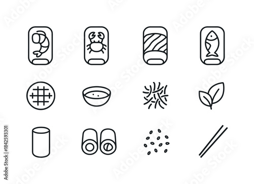 Seafood Icon Set. Seafood Spring Rolls. Line icon set of Seafood