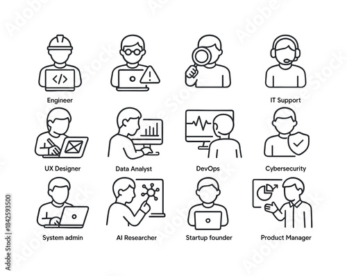 Tech Icons Grid. Tech Professionals. Line icon set of Tech Profe