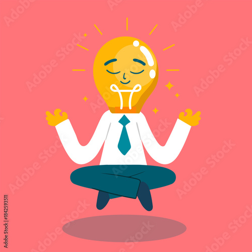 Thinking of a creative idea: a lightbulb head meditating, cartoon, vector.