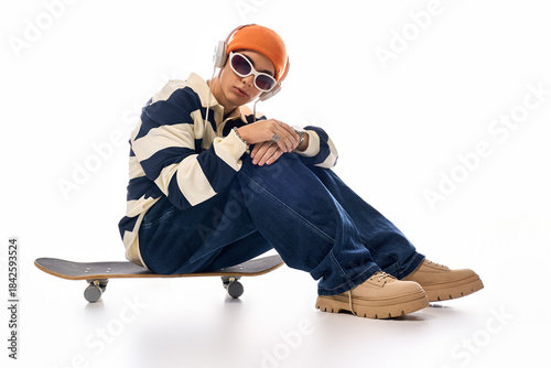 Teen in Gen Z style with skateboard and orange hat on a white backdrop