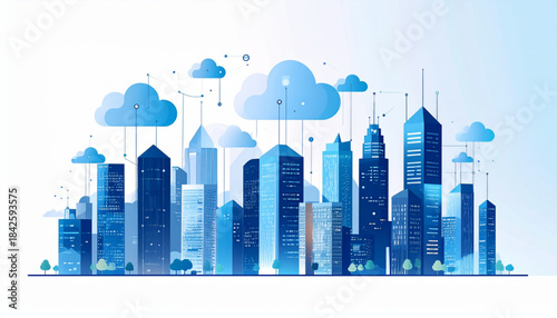 Vector Futuristic Business Center Cityscape with Cloud Data