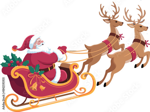 Funny cartoon illustration of Santa Claus smiling with reindeer and sleigh in a joyful Christmas winter scene .