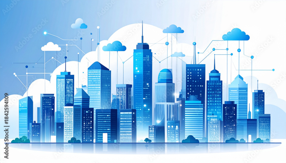 Obraz premium Vector Futuristic Business Center Cityscape with Cloud Data