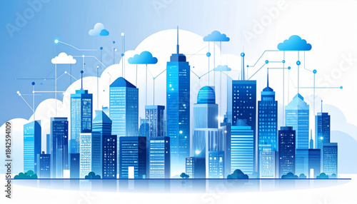 Vector Futuristic Business Center Cityscape with Cloud Data