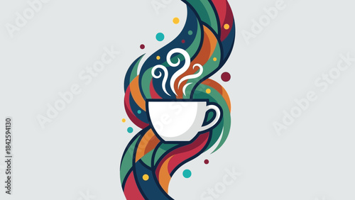 Artistic coffee cup with colorful abstract design and steam rising upwards.