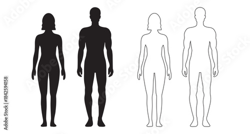 human body man and woman silhouette, male and female figure. vector monochrome isolated person outline standing full height. Outline and black people anatomy representation