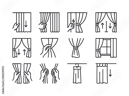 Curtain Operation Icons. Curtain operation. Line icon set of Cur
