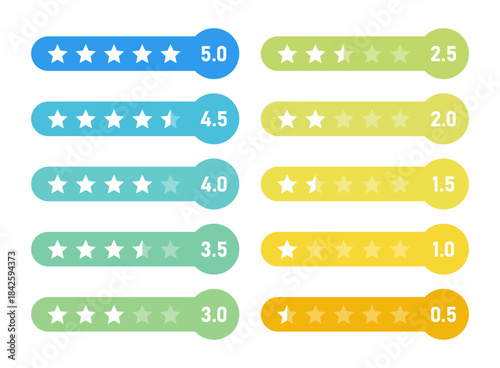 Five star rating icon set collection in flat style. Customer product rating vector illustration on isolated background. Feedback sign business concept.