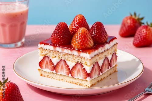 Strawberry Cake Delight: A delectable square cake is adorned with fresh, vibrant strawberries, creating a visually stunning treat, sitting on a white plate.