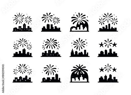 Fireworks Logo Collection. Holiday fireworks exploding over a ci