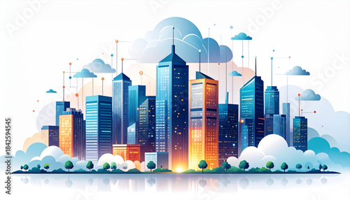 Vector Futuristic Business Center Cityscape with Cloud Data
