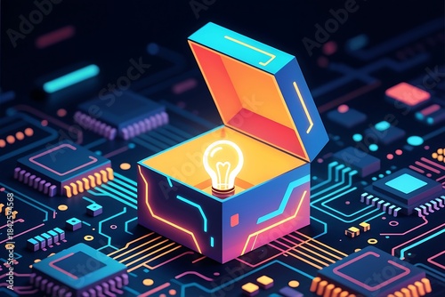 Illuminating Innovation: A glowing light bulb shines brightly within a stylized box, resting upon a circuit board, symbolizing innovation. 