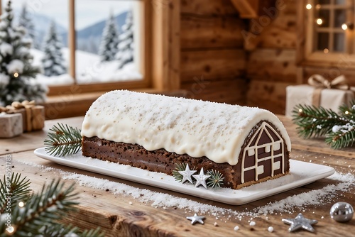 Winter Holiday Treat: A festive chocolate log cake, decorated to resemble a charming house, rests upon a rustic wooden surface, framed by a snow-covered winter scene visible through the window.
