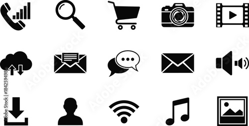 Mobile app icons, user interface symbols, black vector set, communication, media, cloud, email, music, download, search, profile, connectivity