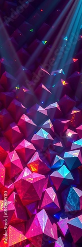 Crystalline light prisms descend on a sea of raised, anonymous forms, a vibrant, angular spectacle,  spectral display,  celebratory scene