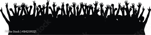Silhouette crowd with raised hands, unity, protest, celebration, peace signs, fists, open palms, black figures, white background, vector illustration