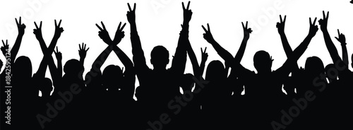 Silhouette crowd raising hands, peace sign gesture, unity celebration, black figures on white background, rally, concert, protest, public gathering