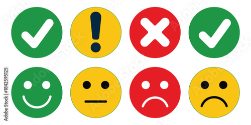 Colorful Round Icon Set Featuring Green Check Marks, Red Cross Symbols, Yellow Alerts, and Feedback Emoticons in Flat Button Style for UI, Apps, and Vector Graphic Design