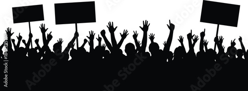 Silhouette crowd, protest signs, raised hands, demonstration unity, black and white rally, social movement, activism, public gathering, peaceful protest, solidarity