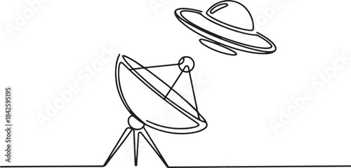 a satellite dish and a ufo in the sky.one line vector illustration with out background.