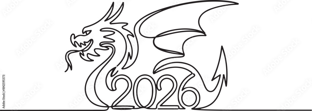 Obraz premium dragon symbol 2026 banner.one line vector illustration with out background.