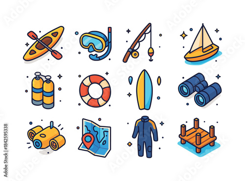 Colorful Marine Activity Icons. Marine activities. Colorful isom