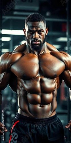 Black athlete's powerful physique during intense gym training ,  focus,  power