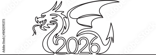 dragon symbol 2026 banner.one line vector illustration with out background.