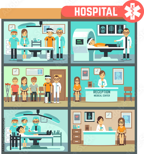 A hospital with a reception center and a medical center