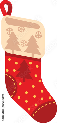 A red Christmas stocking with a tree and snowflakes on it