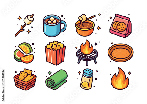 Firepit Snack Icons. firepit snacks. Colorful isometric vector i