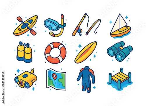 Colorful Marine Activity Icons. Marine activities. Colorful isom
