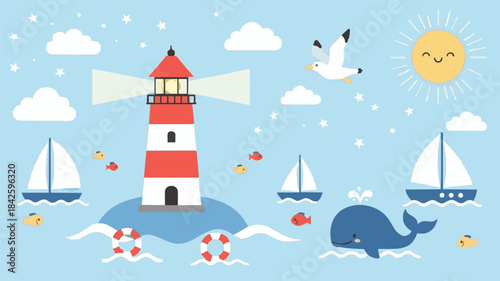 Whimsical illustration of a red and white lighthouse with sailboats, a whale, and a seagull in a light blue sky with clouds and a smiling sun.