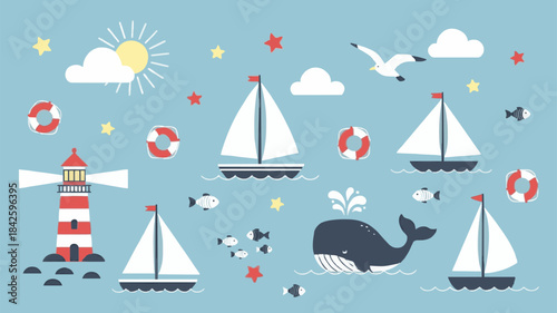 Nautical-Themed Vector Illustration: Sailboats, Whale, and Lighthouse in Pastel Colors for Kids