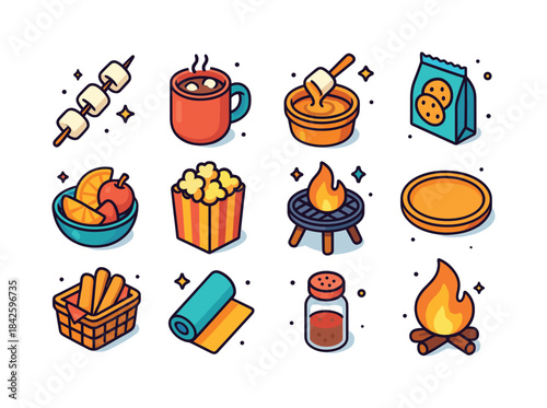 Firepit Snack Icons. firepit snacks. Colorful isometric vector i