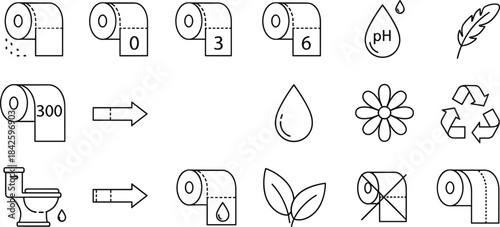 Toilet paper, hygiene, eco, icon, symbol, softness, pH, recyclable, water, vector, illustration, CAD, drawing, flat, design, template, clean, absorbent