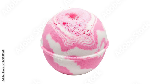 A close-up studio shot of a vibrant pink and white marbled bath bomb on a dark surface isolated on transparent background