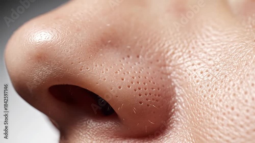 Close-up View of Human Nose Skin Pores and Texture, Macro Photography Highlighting Skin Details in Natural Light