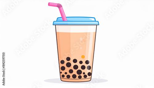 Flat Vector Bubble Tea Cup with Tapioca Pearls Illustration