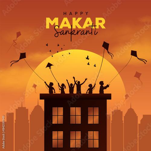 Makar Sankranti Poster design with child flying kite and cityscape. Makar Sankranti is a Hindu harvest festival celebrated across India. Creative vector illustration.