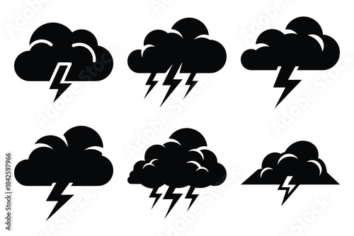 Set of thunder cloud icon silhouette vector art illustration