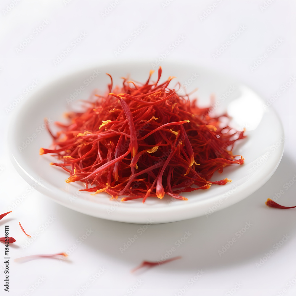 Fototapeta premium Close-Up of Premium Saffron Threads in Wooden Spoon on Dark Red Background 