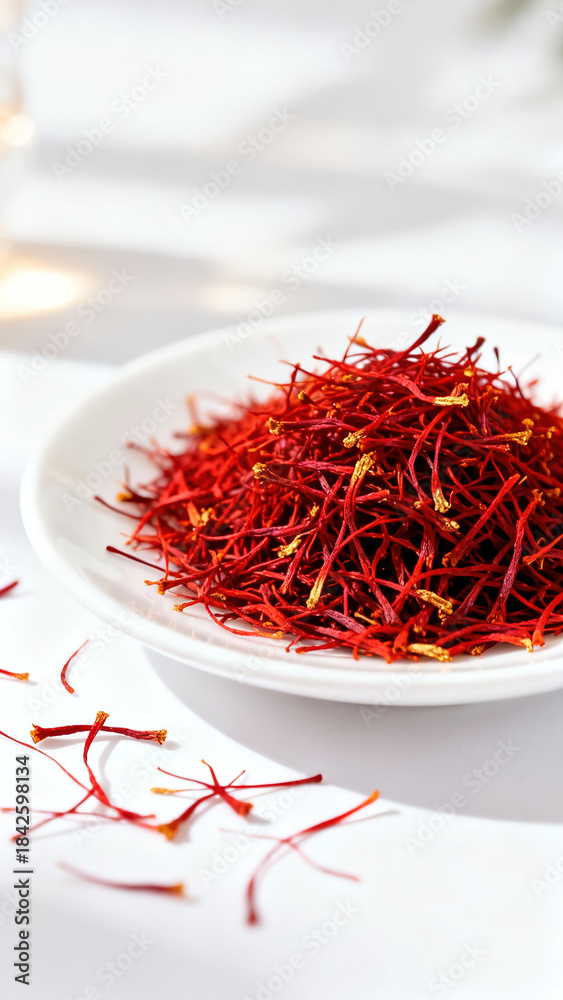 Naklejka premium Close-Up of Premium Saffron Threads in Wooden Spoon on Dark Red Background 
