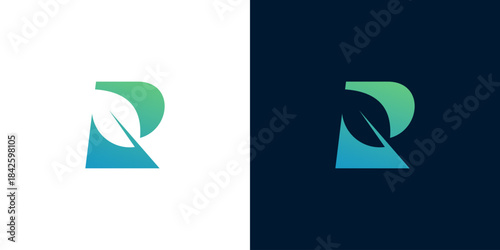 Abstract geometric logo design for letter R with gradient colors on white and dark blue backgrounds