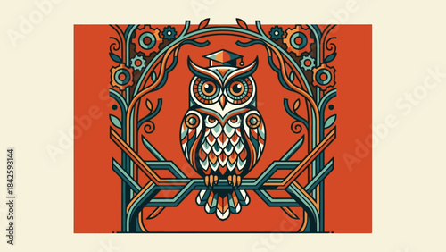 Wise owl wearing graduation cap perched on a decorative branch artistic illustration.