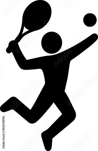 Black vector illustration of a running tennis player silhouette in action with a ball for sports competition